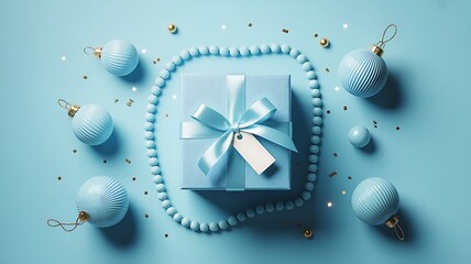 Stylish blue gift box with ribbon surrounded by festive christmas ornaments and decorations on a soft blue background