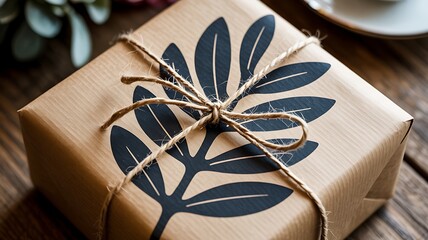 Stylishly wrapped gift box decorated with a leaf pattern and natural jute twine on a rustic wooden surface