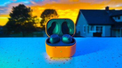 Stylish wireless earbuds in a vibrant orange charging case set against a picturesque background of a house and colorful sky.