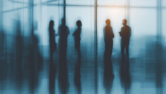 Developing A Business Team In A Modern Office With Panoramic Windows In A Building. Team Work In A Blurred, Faded Wide Photo.