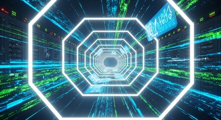 Futuristic Server Room with Neon Octagon Tunnel and Data Streams Representing High Tech Connectivity and Digital Transformation for Modern Technology Solutions