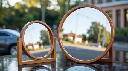 Two wooden round mirrors displayed outdoors reflecting environment and interior design aesthetic