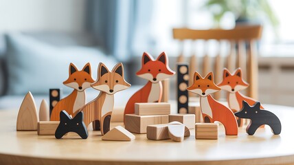 Wooden fox figures and geometric blocks displayed on a tabletop creating a playful and decorative arrangement