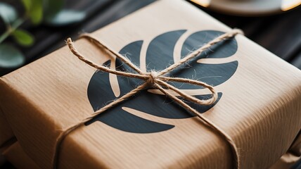 Wrapped gift with monstera leaf print decorated with natural twine and perfect for special occasions and celebrations