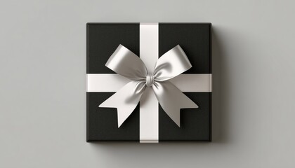 Elegant Black Gift Box With White And Silver Bow And Ribbon Top View For Decorating Gifts, Greetings, And Holidays Collection.