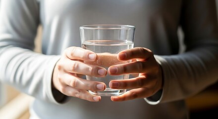 Person Holding Clear Glass of Water with Hands in Focus in Indoor Setting