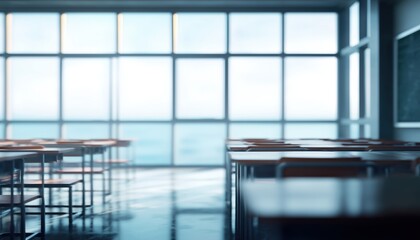 Ethereal View Of Bright Classroom And Study Room, Featuring Panoramic Windows And Lovely Lighting. Empty School Classroom With Vacant Chairs.