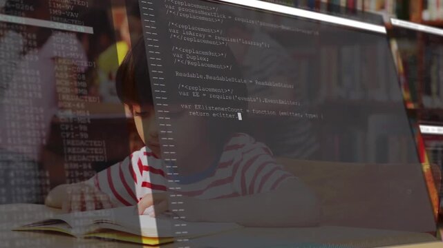Kids reading, browsing at library as transparent code editor appearing expanding over tech demo