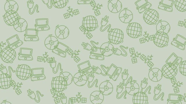 Seamless pattern of technology symbols including laptops, globes, and power plugs on a light green background