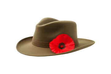 Khaki slouch hat with a red poppy on it on transparent background. Remembrance, Anzac day, Veterans Day concept for memorial service.
