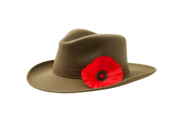Khaki slouch hat with a red poppy on it on transparent background. Remembrance, Anzac day, Veterans Day concept for memorial service.
