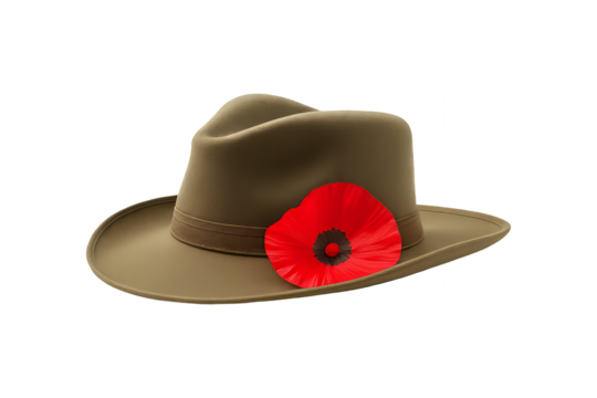 Khaki slouch hat with a red poppy on it on transparent background. Remembrance, Anzac day, Veterans Day concept for memorial service.