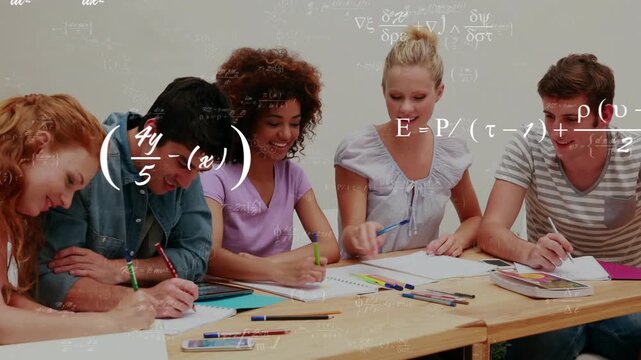 study group writing notes triggers animated math formulas, sharing pens, smiling camera