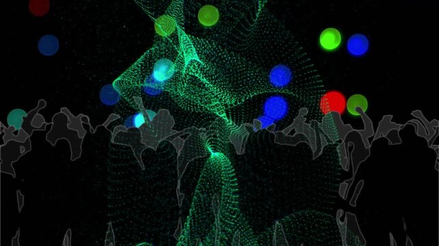 On green mesh wave emerging from void, silhouettes moving, colored orbs pulsing, celebrating party