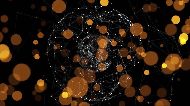 Void revealing wireframe sphere expanding rotating as orange circles drift visualizing network