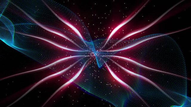 Pulsing magenta core initiating pink tendrils extending outward teal mesh waving and gathering dots