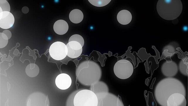 Bright white orbs appearing and drifting over dark silhouettes dancing, energizing party atmosphere