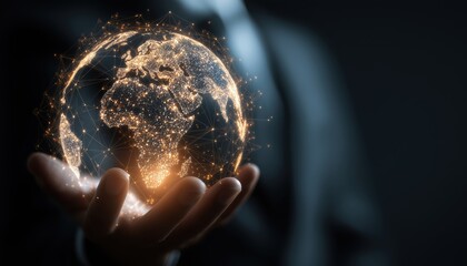 A Businessman Holding A Glowing, Connected World: The Power Of Global Communication In The Business World.