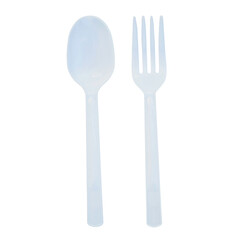 White plastic spoon and fork set, isolated on transparent background