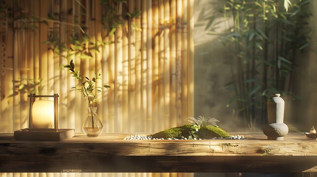 A calming desk with a small zen garden and soft ambient light
