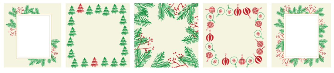 Christmas frame set with pine branches, holly berries and ornaments &ndash; festive holiday card templates