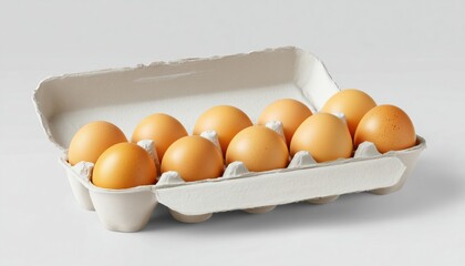 Ten Fresh Chicken Eggs Packaged In A Carton Box On A White Background - Display Of 10 Raw Eggs In Packaging.