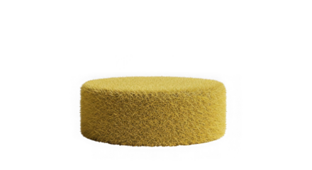 Round yellow textured ottoman or pouf against a black background