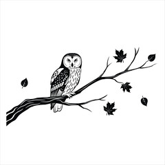 Engraved style illustration of a serious owl sitting on a bare tree branch with falling maple leaves