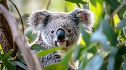 Obraz premium Koala resting among lush green leaves in a natural habitat showcasing wildlife beauty