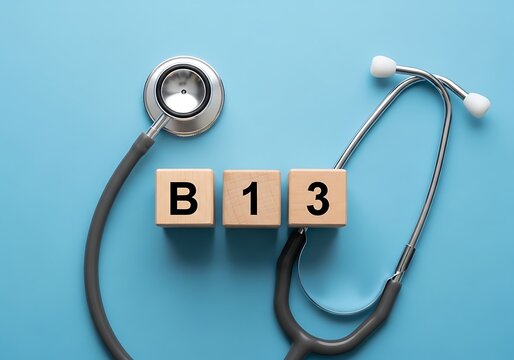 Stethoscope with wooden blocks spelling b13 on a light blue background