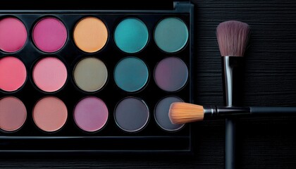 Professional Multi-Eyeshadow Palette And Brushes: Vibrant Eye Shadows For A Stunning Makeup Look. Close-Up Shot Of Bright Eye Shadows.