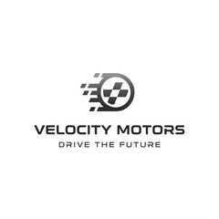 Velocity Motors logo design with speed and checkered flag icon.