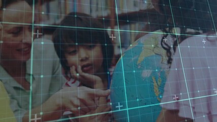 Teacher putting globe with grid overlay; kids spinning it and pointing regions for geography class - Powered by Adobe