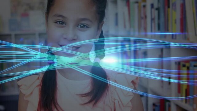 Light streaks sweeping girl holding books in library initiating camera zooming toward smiling face