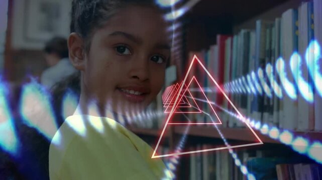 Child girl in yellow shirt turning head after neon triangle appearing and shifting color in library