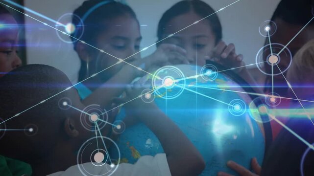 Children placing hands on globe examining continents while overlay mapping global connections