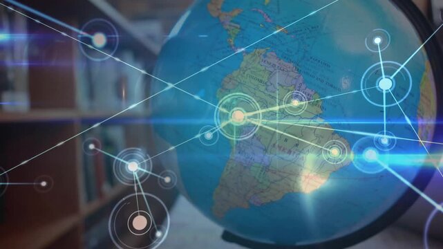 Displaying static globe, targeting graphic appearing, nodes branching and linking, showing network