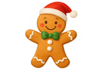 Gingerbread man wearing a santa hat and bow tie, christmas cookie character for holiday season, transparent background