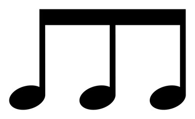 Black three beamed eighth notes icon, connected quaver trio for rhythm and melody notation design, PNG with transparent background