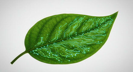 Green leaf with circuit board design against a transparent background