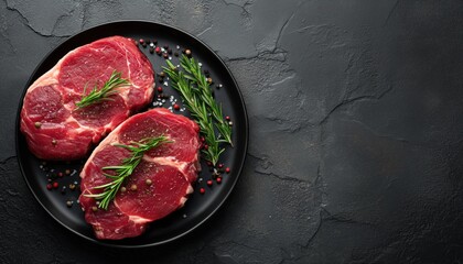Top View Of Two Raw Rib Eye Beef Steaks Seasoned With Spices On A Plate Ready For Cooking On A Dark Stone Surface.