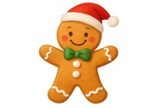 Gingerbread man wearing a santa hat and bow tie, christmas cookie character for holiday season, transparent background