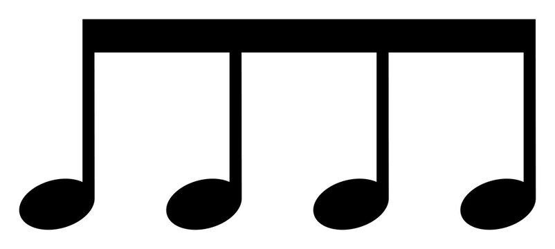 Black four beamed eighth notes icon, connected quaver group for rhythm and melody notation design, PNG with transparent background