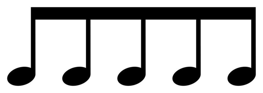 Black five beamed eighth notes icon, connected quaver group for rhythm and melody notation design, PNG with transparent background