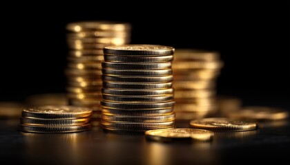 Shimmering Piles Of Gold Coins Against A Dark Background With A Shallow Depth Of Field. Riches Scattered In The Shadows.