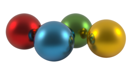 Four shiny metallic easter eggs in red blue green and gold isolated on transparent background