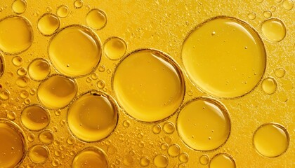 Golden Circle Bubble Water Pattern With Oil Drop Shape On Yellow Background Creating Bubbles On Beer.