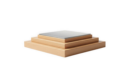 Stacked wooden blocks with a metallic square on top against a black background