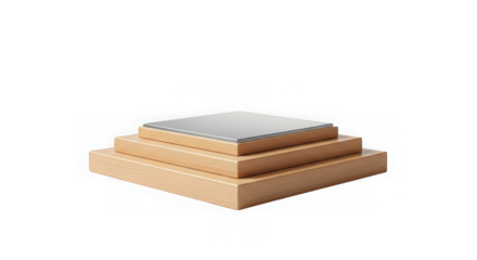Stacked wooden blocks with a metallic square on top against a black background