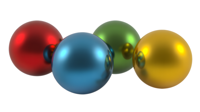 Four shiny metallic easter eggs in red blue green and gold isolated on transparent background